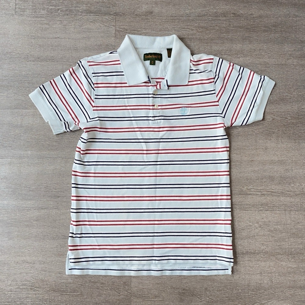 VTG Timberland Red Navy Striped 100% Cotton Polo 90s Golf Size Medium Collared